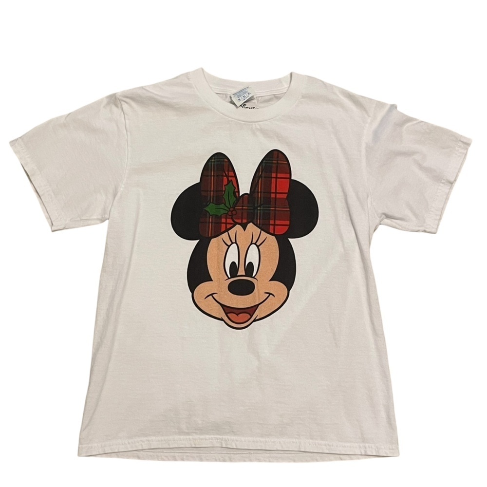 Minnie Mouse White Christmas Plaid Mistletoe Bow Short Sleeve Shirt Size M